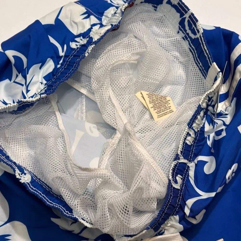 Chalaco Hibiscus Floral Swim Trunks Blue and White | Men Size Large